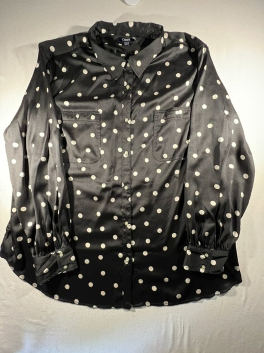 Chaps Women's 3XL Plus Black White Polka Dot Satin Blouse Button Up Long Sleeve